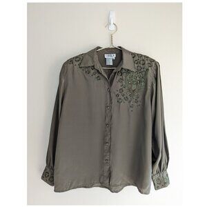 Vintage ORLY Embroidered Leopard with bejewelled eyes button down top